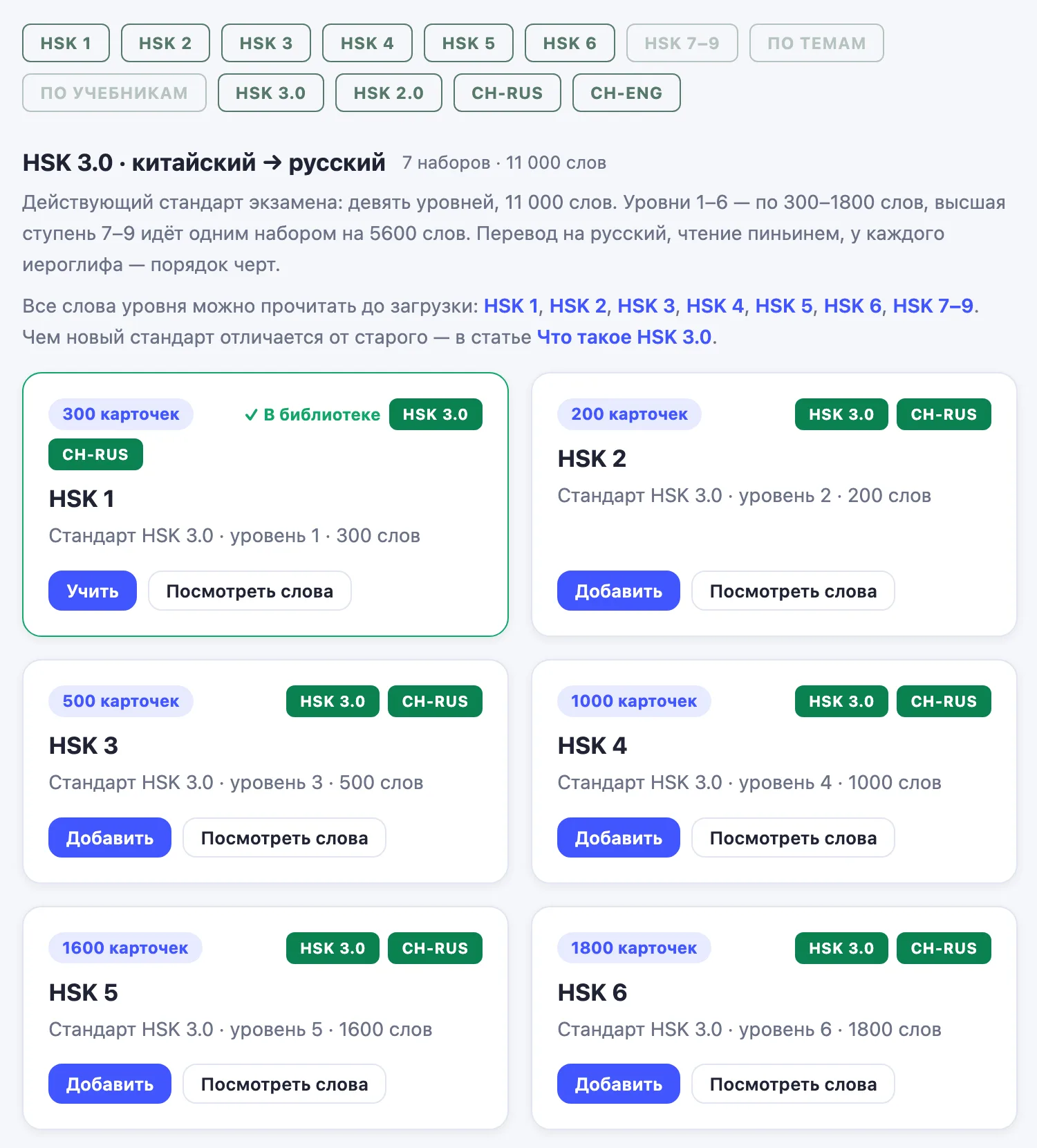 Готовая библиотека HSK в приложении Пандавед: наборы по уровням с тегами