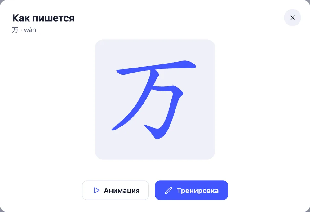 Окно «Как пишется» для знака 万 wàn: анимация порядка черт и режим тренировки