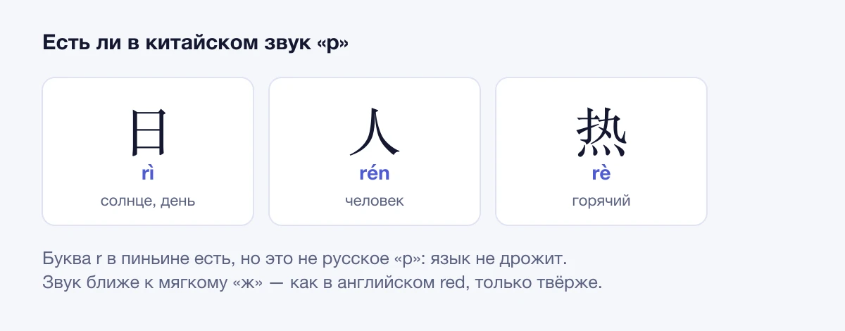Слова 日 rì, 人 rén, 热 rè — буква r в пиньине читается не как русское «р»